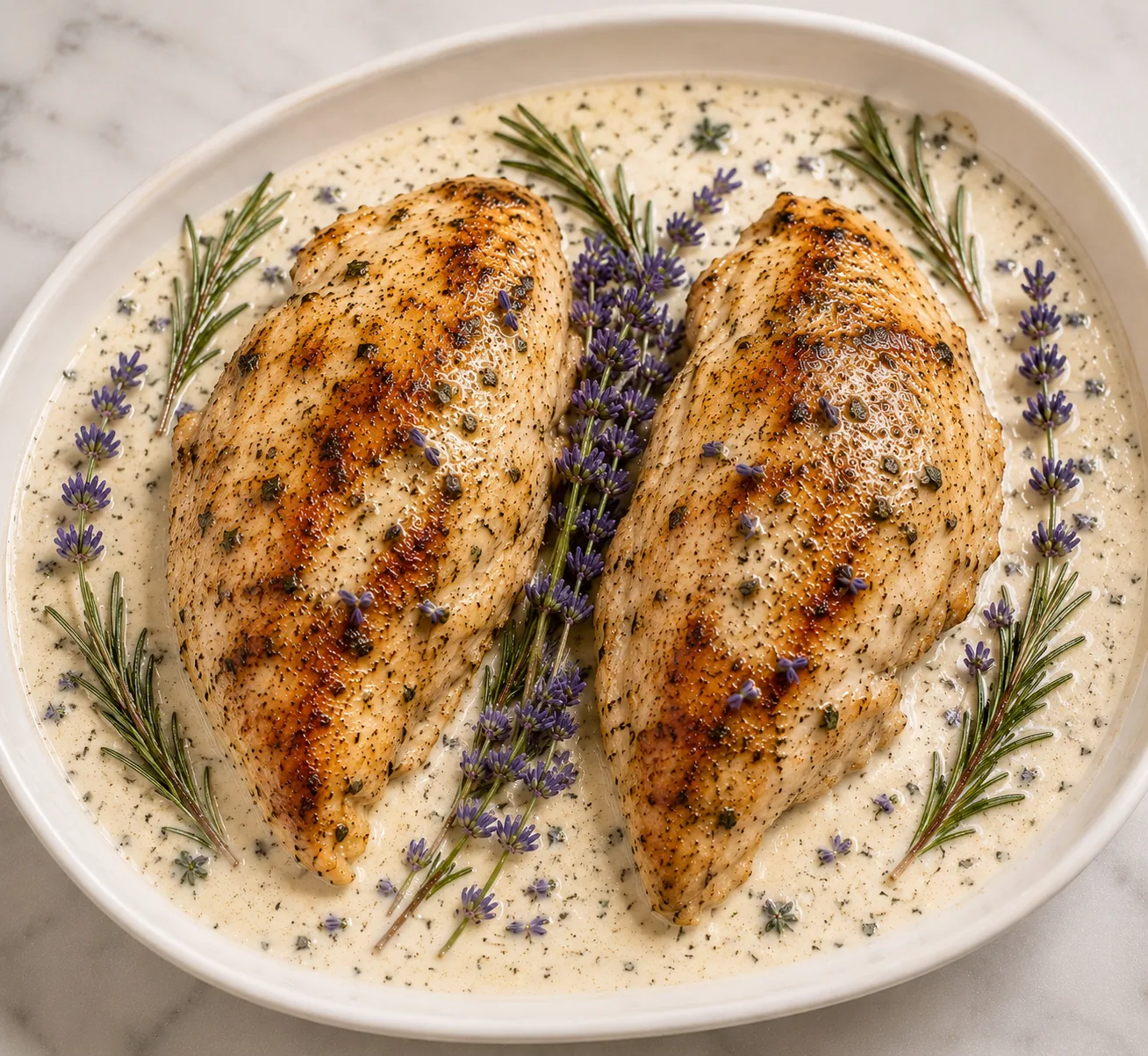 Roasted chicken in rosemary and lavender sauce
